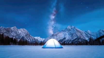 Wall Mural - Lighted Tent Snowy Mountainscape Dramatic Astrophotography Wide Angle Shot Illuminated Interior Night Camping Milky Way Cool Blue Hues Outdoor Adventure Promotion