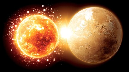 Wall Mural - Cosmic Collision A Celestial Encounter of Solar Flare Eruption from Star Surface and Distant Planet.