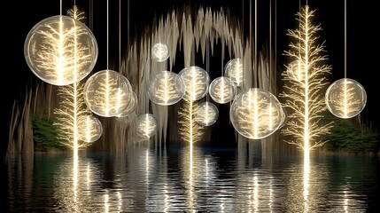 Wall Mural - crystal spheres reflection on water with decorative tree illuminated in dark environment.