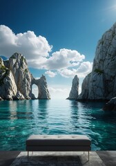 Fototapete - Baie turquoise rochers calcaires soleil eclatant. AI Generated