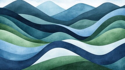 Wall Mural - serene watercolor landscape undulating hills of varied blues and greens