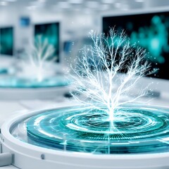 Wall Mural - digital tree growth on advanced technological platform in futuristic environment.
