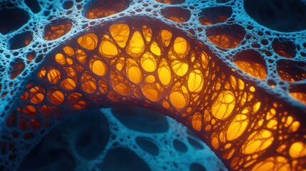 Intricate, bioluminescent network of cellular structures.