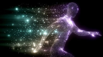 Wall Mural - dotted human figure radiating energy and light on dark background concept of digital transformation