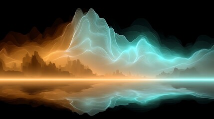 Wall Mural - dreamscape reflection abstract landscape with cityscape silhouette and wave forms in vibrant colors.