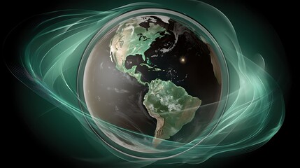 Wall Mural - earth planet global sphere surrounded by green energetic flowing lines visual presentation