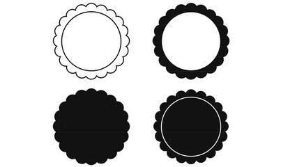 Scalloped circle badge icons in outline and solid black style. Perfect for labels, seals, logos, stamps, certificates, frame or decorative design elements