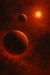 Wall Mural - Futuristic space scene showing red planets orbiting near a glowing star in a dark cosmic background. Ideal for astronomy, sci-fi, or space-themed concepts.