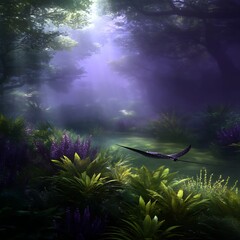 Wall Mural - enchanted forest stream with ethereal ray fish serenity landscape artwork composition.