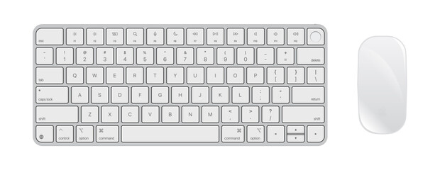 Wall Mural - Vector illustration of computer devices including desktop PC, keyboard, and mouse. Ideal for tech presentations, IT services, digital workspace designs, and electronic device infographics.