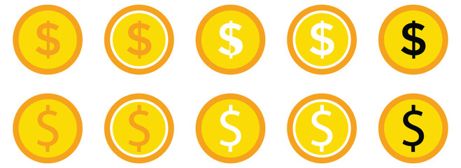 simple set of black and gold dollar coins, in both filled and outlined variations. vector illustrati