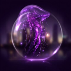 Wall Mural - ethereal bioluminescent jellyfish floating in a transparent orb against an atmospheric backdrop.