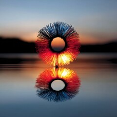 Poster - Abstract Floral Reflection: Colorful, Fringed Circle Mirrored on Calm Waters Against a Dramatic Sunset Backdrop