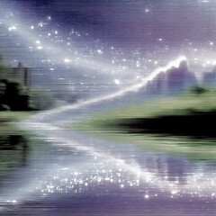 Wall Mural - ethereal landscape reflections under a starry night sky and shimmering river serenity scene.
