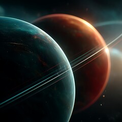 Wall Mural - ethereal planetary pair amidst ringed orbits serene cosmic dance of distant spheres in the void.