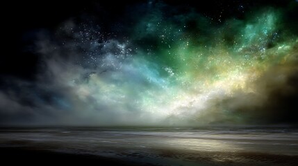 Wall Mural - ethereal seascape with celestial sky displaying emerald aurora above reflective water surface