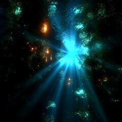 Wall Mural - ethereal underwater light display revealing marine flora in subaquatic oceanic ecosystem exploration