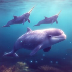 Wall Mural - fantasy narwhals swimming in ocean depths mystical underwater creatures art image beautiful scene.