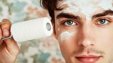 Wall Mural - a male decorator painting a wall with a roller in a contemporary home setting.