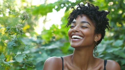 Wall Mural - a delighted portrait featuring a person laughing outdoors in a natural setting with greenery around.