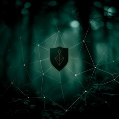 Wall Mural - geometric shield in green hued network of light beams abstract data protection visualization.