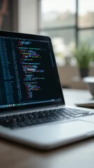 Laptop displays colorful code lines softly lit near window. AI Generated