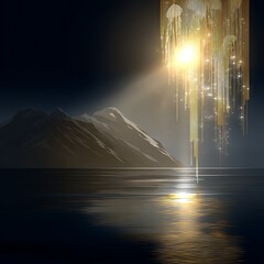Wall Mural - golden cascade over mountainous seascape serene reflections on water majestic scene and light beams.