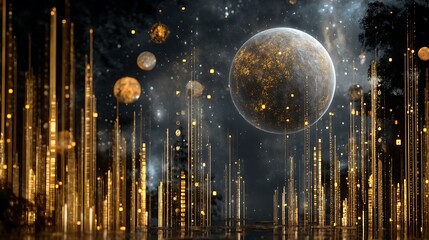 Wall Mural - golden celestial cityscape displaying distant planets and interstellar light streams in space