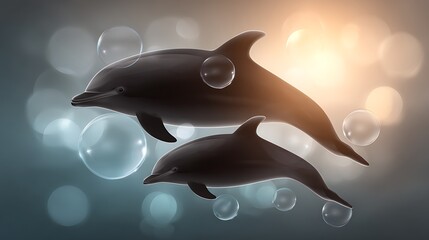 Wall Mural - graceful dolphin duo dancing in ocean waters with gentle bubbles serene aquatic life.