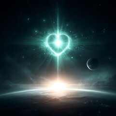 Wall Mural - heart shaped nebula beaming above a distant world symbolizing universal love and interstellar connec