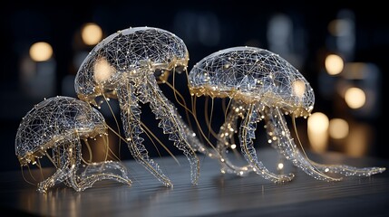 Wall Mural - illuminated jellyfish trio artistic display shimmering elegance wireframe bioluminescence
