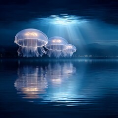 Wall Mural - jellyfish trio in tranquil ocean water a gentle luminescence creates an underwater dreamscape