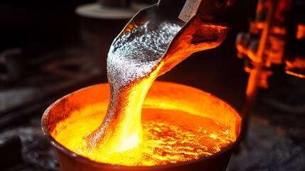 Aufkleber - Bright molten metal flows from a ladle in a foundry Generative AI
