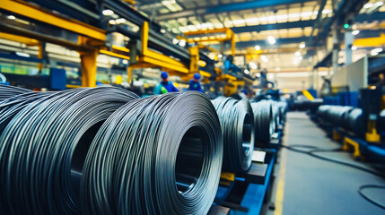 Poster - Bright vibrant close-up of industrial wire coils in factory Generative AI