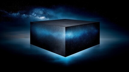 Wall Mural - luminous cosmic cube floating on water surface with starry sky and galaxy reflected inside.
