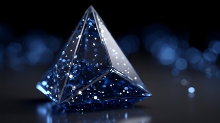 Wall Mural - luminous crystal tetrahedron with sparkling light points on reflective surface and blurred spheres b