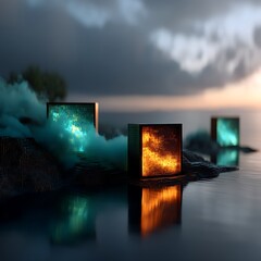 Wall Mural - luminous cubes reflecting on serene waterscape at twilight tranquility.