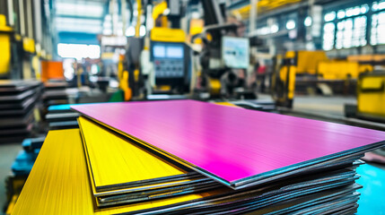 Fototapete - Bright and vibrant steel sheets stacked in a workshop Generative AI