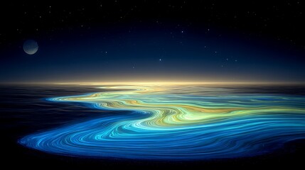 Wall Mural - luminous river under a starry night sky flowing through dreamlike landscapes with crescent moon.