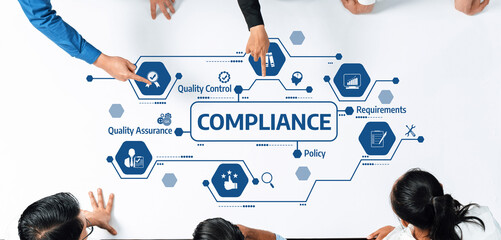 Aufkleber - A comprehensive view of compliance management highlighting key elements like quality control and assurance. Ideal for corporate settings focused on policies and requirements. Amity