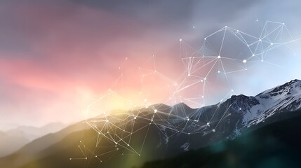 Wall Mural - mountain peaks network of connections at sunrise technology and nature interwoven landscape.