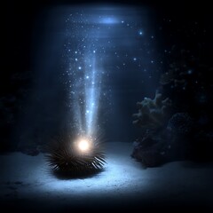 Wall Mural - mysterious ocean sea urchin radiating bioluminescence underneath sea light rays and sparkling water.
