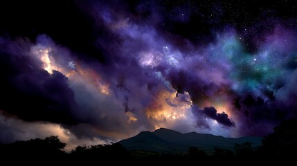 Wall Mural - nebula night over mountain landscape dark sky and dramatic clouds space dust and galactic cloud form