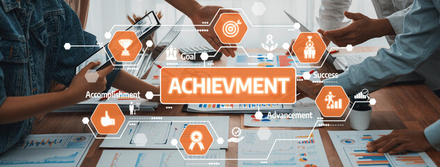 Fototapete - A vibrant office scene illustrating teamwork and goal-oriented strategies, with digital overlays signifying achievement. The image captures hands engaged in productive discussion. Amity