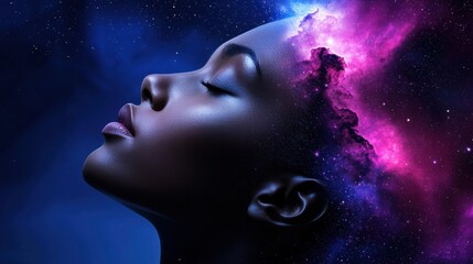 Wall Mural - a woman's face is shown with a purple and blue cloud in the background