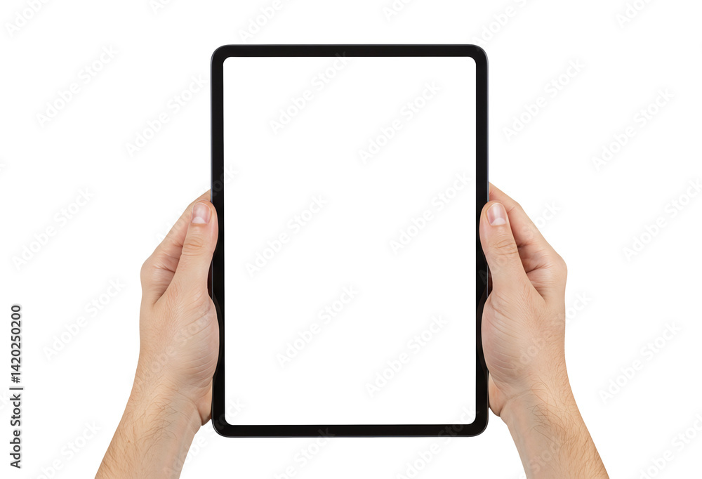 Hands holding digital tablet device mockup with blank white screen for ...