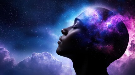 Wall Mural - a woman's face is shown in the sky with clouds and stars