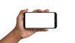 © Neo GT - Hand holding smartphone in landscape mode for mobile gaming and app usage view isolated on transparent background