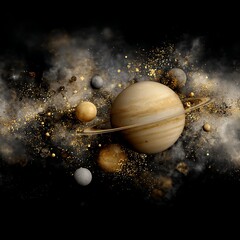 Wall Mural - ringed planet system amidst nebula dust and cosmic grains universe art celestial spheres display.