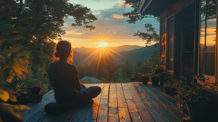Poster - Sunset view from a wooden deck with a woman enjoying the scenery in a tranquil mountain landscape during the golden hour